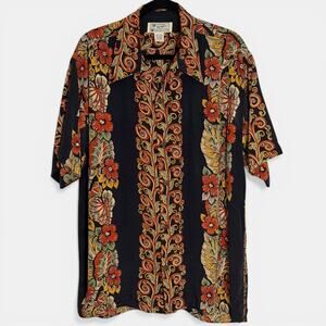Avanti Silk Hawaiian Shirt Size L Black Floral Scroll Panel Resort Aloha Y2K